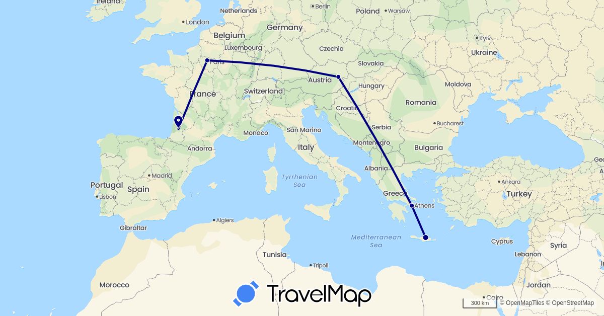 TravelMap itinerary: driving in Austria, France, Greece (Europe)